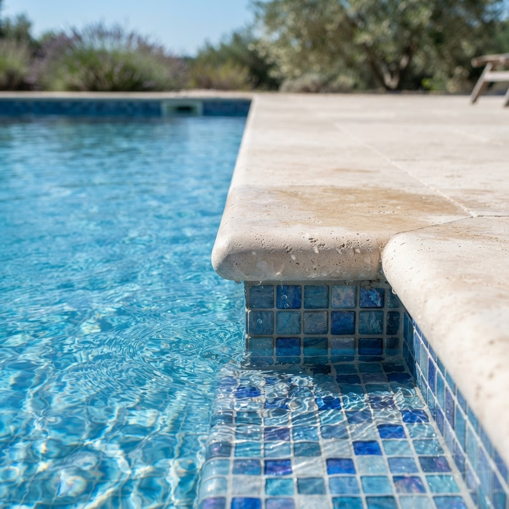 Detalle de acabados de piscina en piedra clara y agua azul