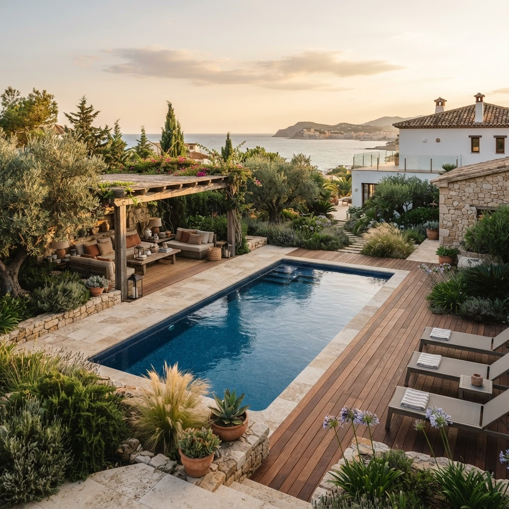 Exterior mediterráneo con piscina, terraza y vegetación en Sitges