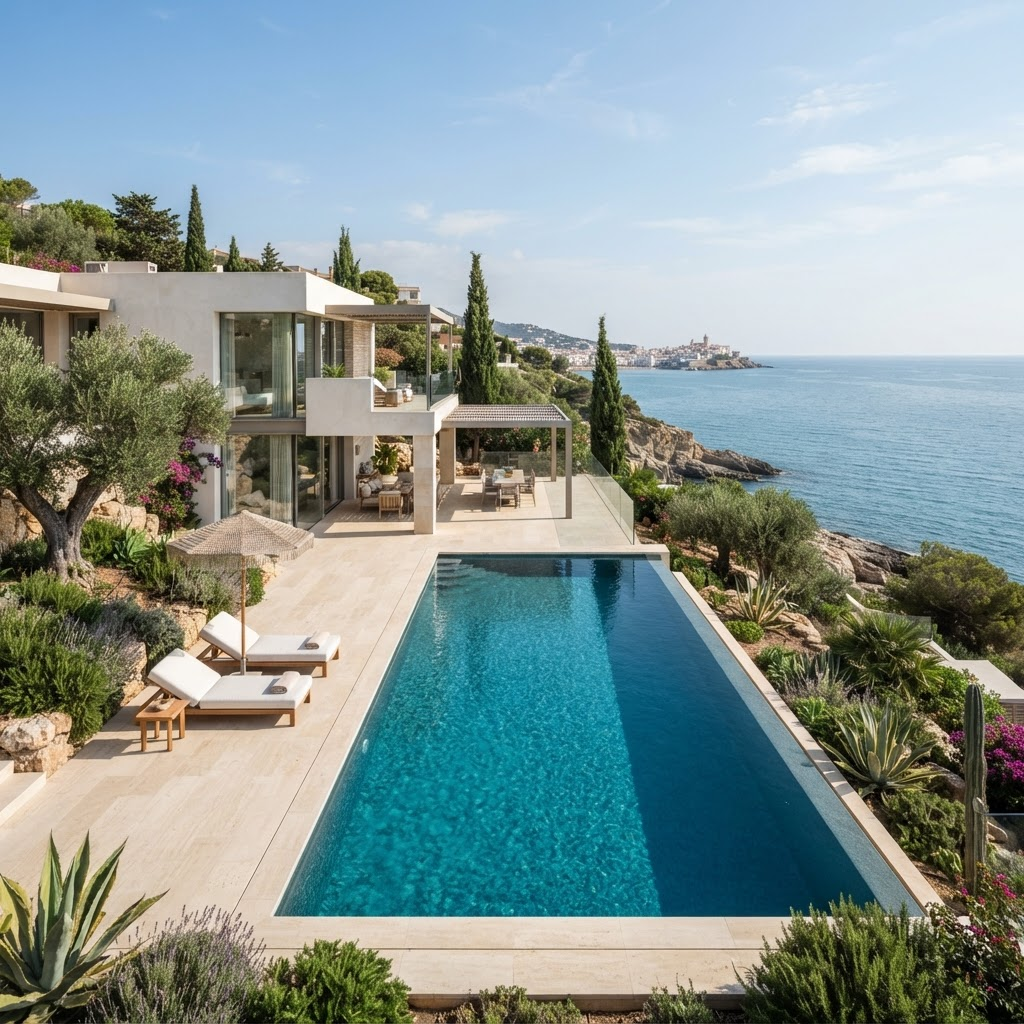 Piscina de obra en una vivienda mediterránea de Sitges